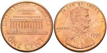 США 1 ЦЕНТ 1996 ЛИНКОЛЬН KM 201b цинк плакированный медью UNC 63-335