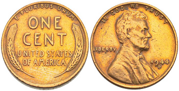 США 1 ЦЕНТ 1944 D, ЛИНКОЛЬН KM А132 медь цинк 218-437