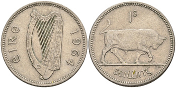 Ирландия 1 шиллинг 1964 бык KM 14а медно-никель 4561-1117