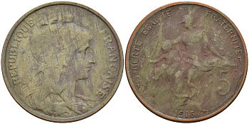 Франция 5 сантимов 1915 тип Дюпюи KM 842 бронза 4116-442