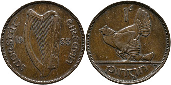 Ирландия 1 пенни 1933 курица с цыплятами KM 3 бронза 4531-625