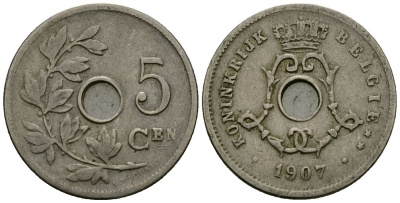 Бельгия 5 сантимов 1907 Belgie KM 55 медно-никель 4173-158