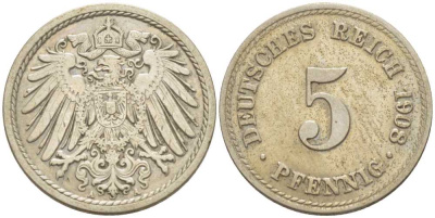 Германия 5 пфеннигов 1908 A KM 11, Jager 12, Weege 6 медно-никель 206-953