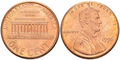США 1 ЦЕНТ 1996 ЛИНКОЛЬН KM 201b цинк плакированный медью UNC 63-335