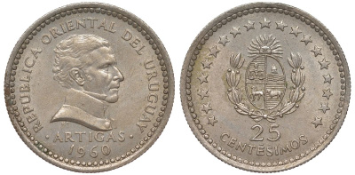 Уругвай 25 сентесимо 1960 KM 40 медно-никель 4532-254