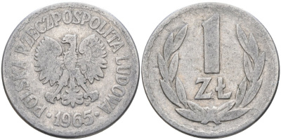 Польша 1 злотый 1965 MW, Народная Республика KM 49.1, Parchimowicz 213b алюминий 3336-725