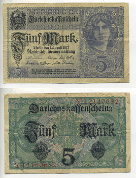 ГЕРМАНИЯ 5 МАРОК 1917 ВОСЕМЬ ЦИФР В НОМЕРЕ Pick 56b бумага 2192-51-3