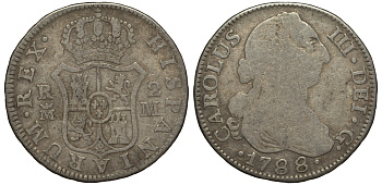 Испания 2 реала 1788 M M, мондвор (Мадрид), Карлос III (1759-1788) KM 412.1 (C38.2) серебро 650-932