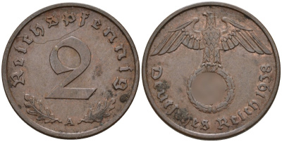 Германия 2 рейхспфеннига 1938 A KM 90, J. 362 бронза 4147-1257