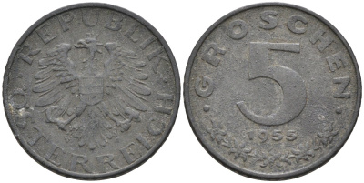 Австрия 5 грошей 1955 KM 2875 цинк 4580-219