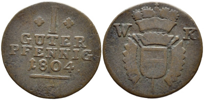 Шаумбург-Гессен 1 пфенниг 1804 F KM 4 медь 261-1116