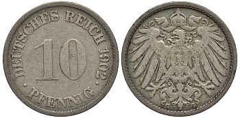 Германия 10 пфеннигов 1902 G KM 12, Jager 13, Weege 8 медно-никель 219-353