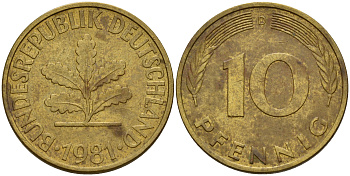 ФРГ 10 пфеннигов 1981 D J. 383, KM 108 сталь плакированная латунью    4603-455