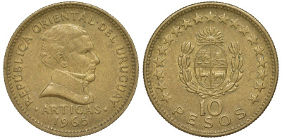 Уругвай 10 песо 1965 KM 48 алюминиевая бронза 4574-613