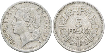 ФРАНЦИЯ 5 ФРАНКОВ 1947 ТИП LAVRILLIER, OPEN 9 KM 888b.1, LE FRANC 339.9 алюминий 215-526