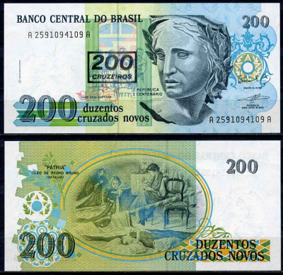 Бразилия 200 крузейро 1990 надпечатка на 200 крузадо новых, серия 2591, скульптура Республики, подпись 27 Pick 225 b бумага UNC (пресс) 2196-36-3-1