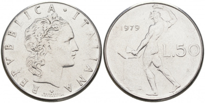 ИТАЛИЯ 50 ЛИР 1979 R, КУЗНЕЦ KM 95.1 нержавеющая сталь 68-457