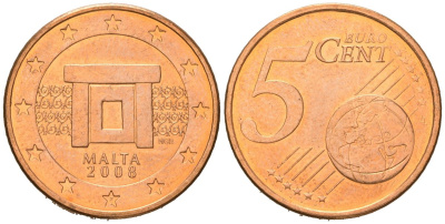 Мальта 5 евроцентов 2008 F KM 127 сталь плакированная медью UNC 4548-137
