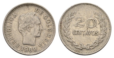 Колумбия 20 сентаво 1969 KM 237 сталь плакированная никелем 4675-624