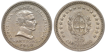 Уругвай 25 сентесимо 1960 KM 40 медно-никель 4532-134