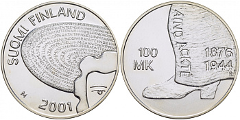 Финляндия 100 марок 2001 Айно Акте (1876-1944), оперная певица KM 97 серебро UNC 1069-10-21