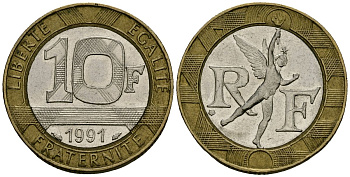 Франция 10 франков 1991 тип Гений Бастилии KM 964.1, Le Frank 375.6 биметалл 4135-547