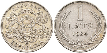 Латвия 1 лат 1924 Первая республика (1918-1939) KM 7 серебро 4514-1121