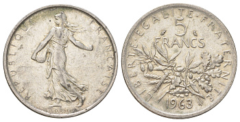 Франция 5 франков 1963 KM 926 серебро 4622-1124