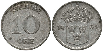 Швеция 10 эре 1934 G, Густав V (1907-1950) КМ 780 серебро 201-1112