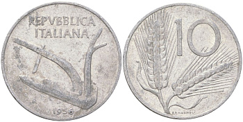 Италия 10 лир 1954 R, колосья KM 93 алюминий 4159-615