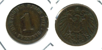 ГЕРМАНИЯ 1 ПФЕННИГ 1912 D KM 10, J.10 медь 701-343