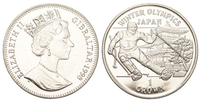 Гибралтар 1 крона 1998 Зимние Олимпийские Игры, Нагано 1998 - Слалом KM 642 медно-никель BU 11-315-11