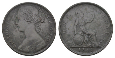 Великобритания 1 пенни 1861 Виктория (1837-1901) KM 749.2, Spink 3954 бронза 4661-331