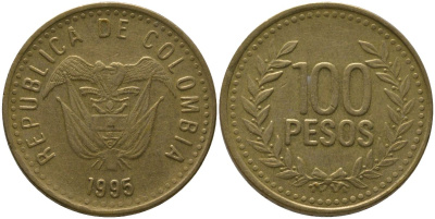 Колумбия 100 песо 1995 KM 285.2, Restrepo 445.4 латунь 4538-1254