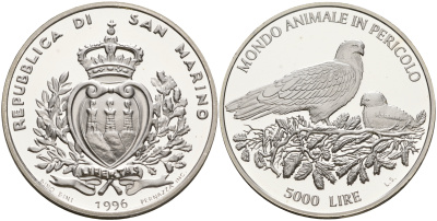 Сан-Марино 5000 лир 1996 серия сохраним наш мир, орел в гнезде KM 340 серебро PROOF 00-000-00