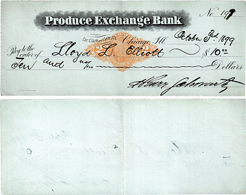 США чек на 10 долларов 1899 Produce Exchange Bank, Чикаго бумага 434-24-1-1
