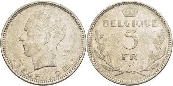 Бельгия 5 франков 1937 Леопольд III (1934-1951), Belgique KM 118 никель 3851-446