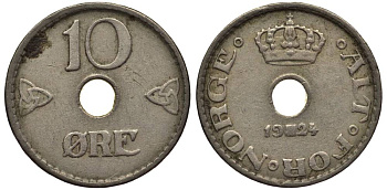 Норвегия 10 эре 1924 Хокон VII (1905-1957) KM 383 медно-никель 218-224