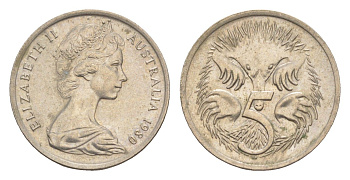 Австралия 5 центов 1980 Елизавета II (1952-2022) молодой портрет, ехидна KM 64 медно-никель UNC 4152-448