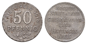Бохум, Гельзенкирхен, Хаттинген 50 пфеннигов 1918 Funck 49.3, Men05 3022.6, Men18 3860.6 железо 4657-1133