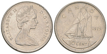 Канада 10 центов 1975 Елизавета II (1952-2022), парусник KM 77.1 никель 4567-645