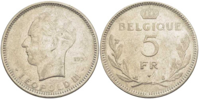 Бельгия 5 франков 1937 Леопольд III (1934-1951), Belgique KM 118 никель 3851-446