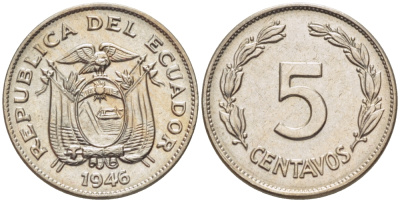 Эквадор 5 сентаво 1946 KM 75b медно-никель 66-867