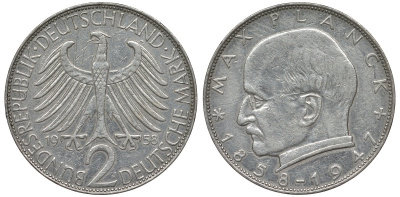 ФРГ 2 марки 1958 J, Макс Планк KM 116, J. 392 медно-никель плакированный никелем 4681-642