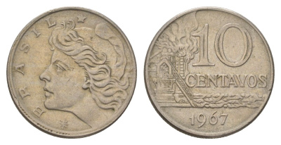 Бразилия 10 сентаво 1967 KM 578.1 медно-никель 4625-928