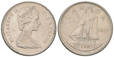 Канада 10 центов 1975 Елизавета II (1952-2022), парусник KM 77.1 никель 4567-645