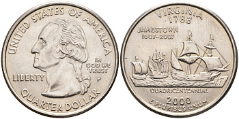 США 25 центов = квотер 2000 Р, серия штаты США, Вирджиния KM 309 медь плакированная медно-никелем 4586-145
