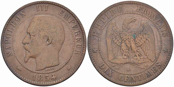 ФРАНЦИЯ 10 САНТИМОВ 1854 K, НАПОЛЕОН III (1852-1870) KM 771.5, LE FRANC 133.15 бронза 38-1014