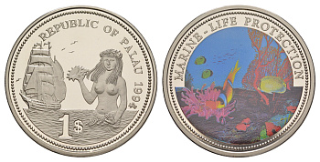 Палау 1 доллар 1994 Защита морской жизни - Русалка с ракушкой KM 5 медно-никель PROOF 1079-10-34