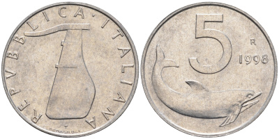 Италия 5 лир 1998 R, дельфин KM 92 алюминий  UNC  4594-726
